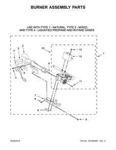 Burner Assembly Parts Diagram and Parts List for 11076134610  Kenmore Dryer