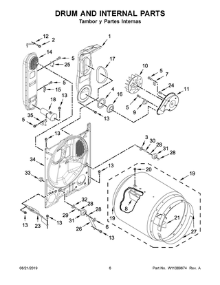 Drum And Internal Parts Diagram and Parts List for 7MWGD1730JQ0  Whirlpool Dryer
