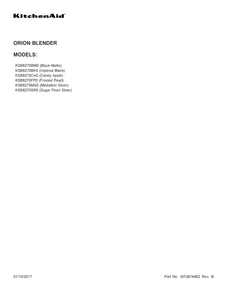 Cover Sheet Diagram and Parts List for KSB8270BK0  KitchenAid Blender