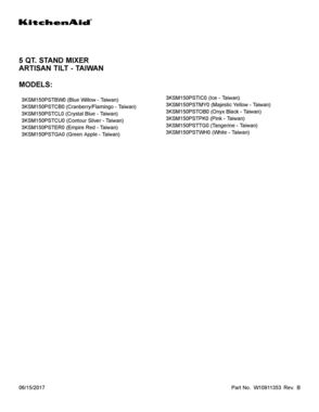 01 - COVER SHEET Diagram and Parts List for 3KSM150PSTPK0  Whirlpool Mixer