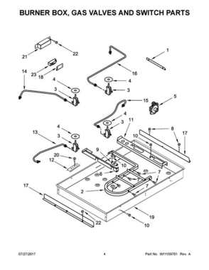 03 - Burner Box, Gas Valves And Switch Parts Diagram and Parts List for KGCC506RWW07  KitchenAid Cooktop