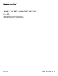 Cover Sheet Diagram and Parts List for KRBR109ESS00  KitchenAid Refrigerator