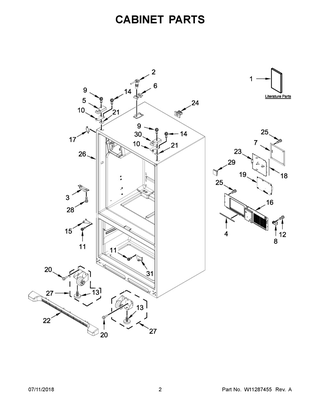 Cabinet Parts Diagram and Parts List for IX7DDEXGZ002  Whirlpool Refrigerator