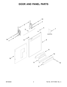 02 - Door And Panel Parts Diagram and Parts List for MDB9959SKZ3  Whirlpool Dishwasher