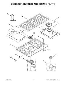 Cooktop, Burner And Grate Parts Diagram and Parts List for KCGS556ESS06  KitchenAid Cooktop