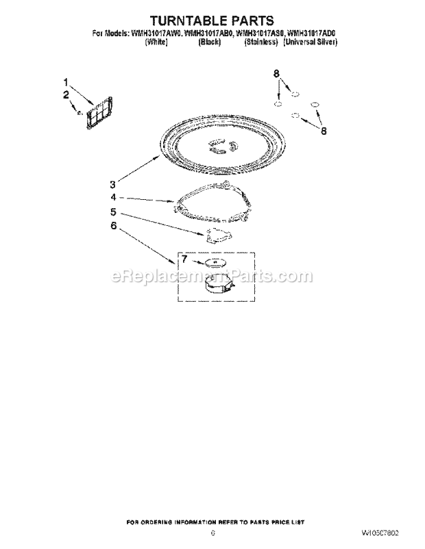 Turntable Parts Diagram and Parts List for WMH31017AD0  Whirlpool Microwave