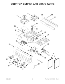 Cooktop, Burner And Grate Parts Diagram and Parts List for KFGC500JYP01  Whirlpool Range