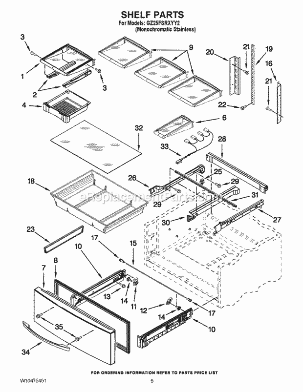 SHELF PARTS Diagram and Parts List for GZ25FSRXYY2  Whirlpool Refrigerator