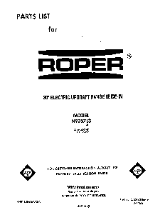 Front Cover Diagram and Parts List for N9357*3  Roper Range