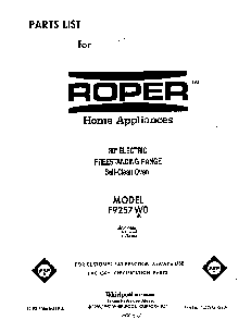 Front Cover Diagram and Parts List for F9257*0  Roper Range