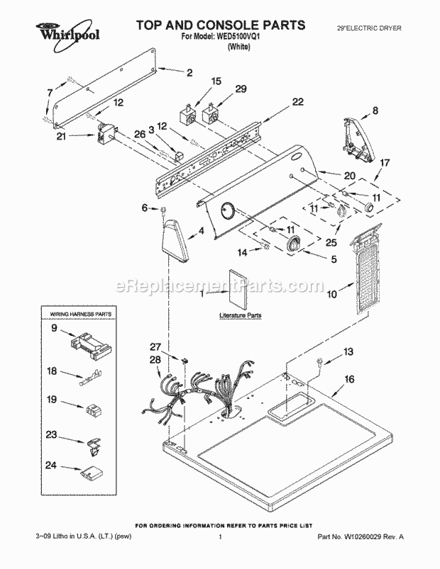 Top And Console Parts Diagram and Parts List for WED5100VQ1  Whirlpool Dryer