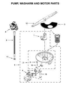 Pump, Washarm And Motor Parts Diagram and Parts List for WDF130PAHB0  Whirlpool Dishwasher