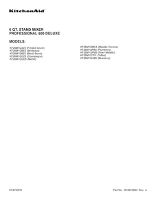 Cover Sheet Diagram and Parts List for KF26M1QTF5  KitchenAid Mixer