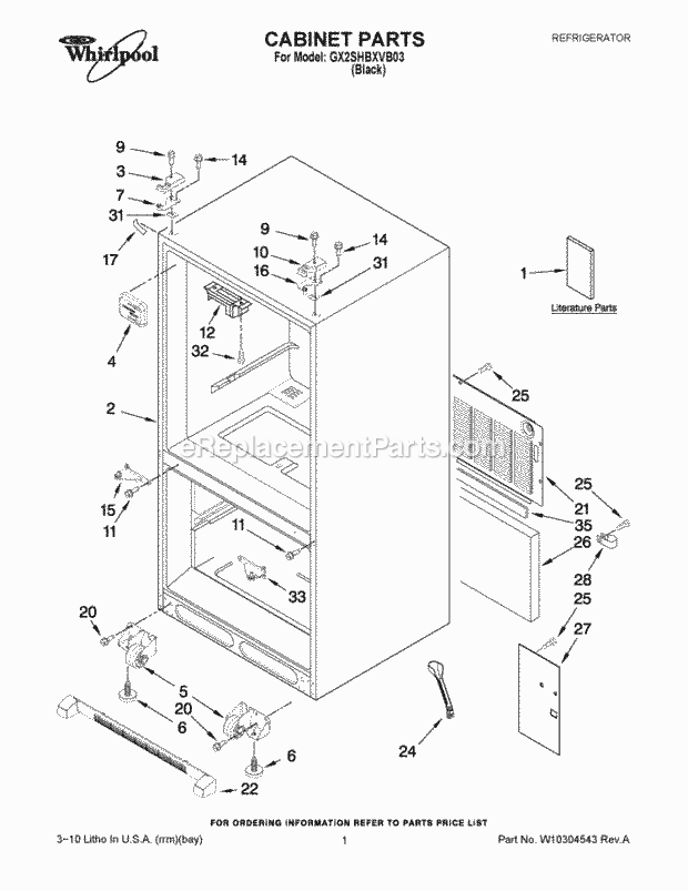 Cabinet Parts Diagram and Parts List for W10304543A  Whirlpool Refrigerator