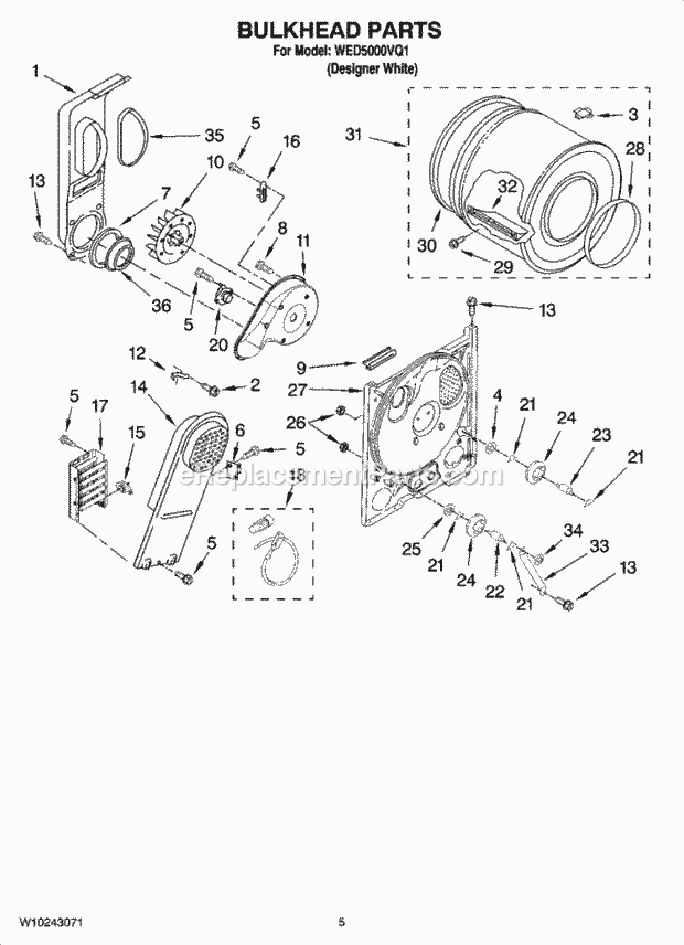 Bulkhead Parts, Optional Parts (Not Included) Diagram and Parts List for WED5000VQ1  Whirlpool Dryer