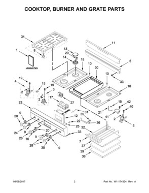 02 - COOKTOP, BURNER AND GRATE PARTS Diagram and Parts List for JLRP536WP01  Whirlpool Range