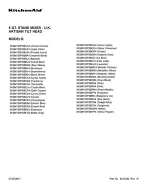 01 - Cover Sheet Diagram and Parts List for 5KSM150PSBFG4  KitchenAid Mixer