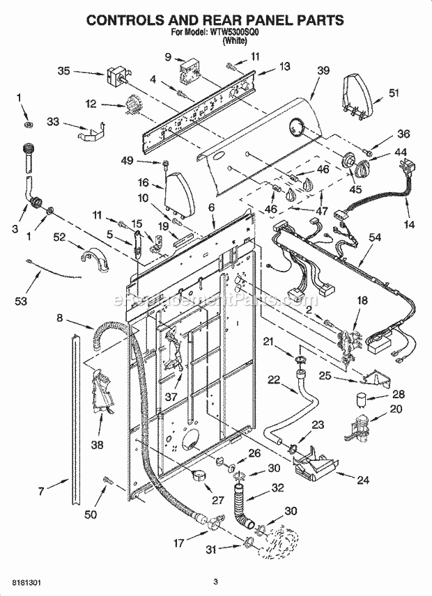 CONTROLS AND REAR PANEL PARTS Diagram and Parts List for WTW5300SQ0  Whirlpool Washer