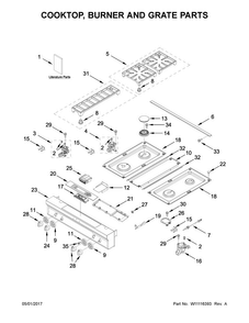 Cooktop, Burner And Grate Parts Diagram and Parts List for KDRS407VSS05  KitchenAid Range