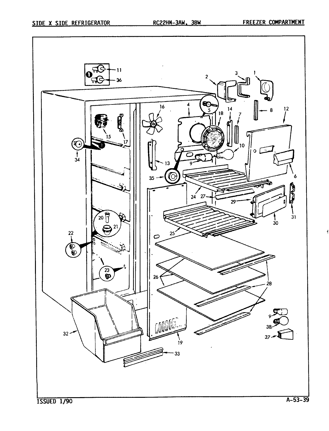 01 - FREEZER COMPARTMENT Diagram and Parts List for RC22HA-3AW  Whirlpool Refrigerator