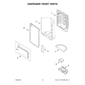 Dispenser Front Parts Diagram and Parts List for WRX986SIHV04  Whirlpool Refrigerator