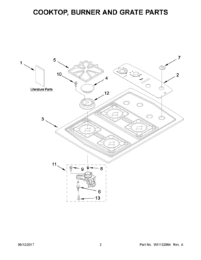 02 - COOKTOP, BURNER AND GRATE PARTS Diagram and Parts List for W3CG3014XB02  Whirlpool Cooktop