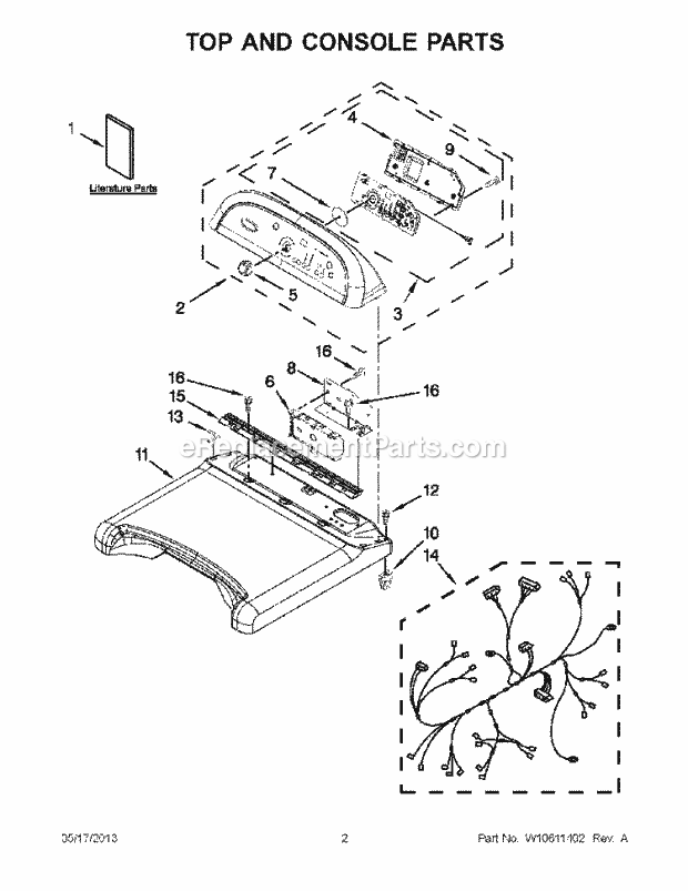 Top And Console Parts Diagram and Parts List for WED8500BW0  Whirlpool Dryer