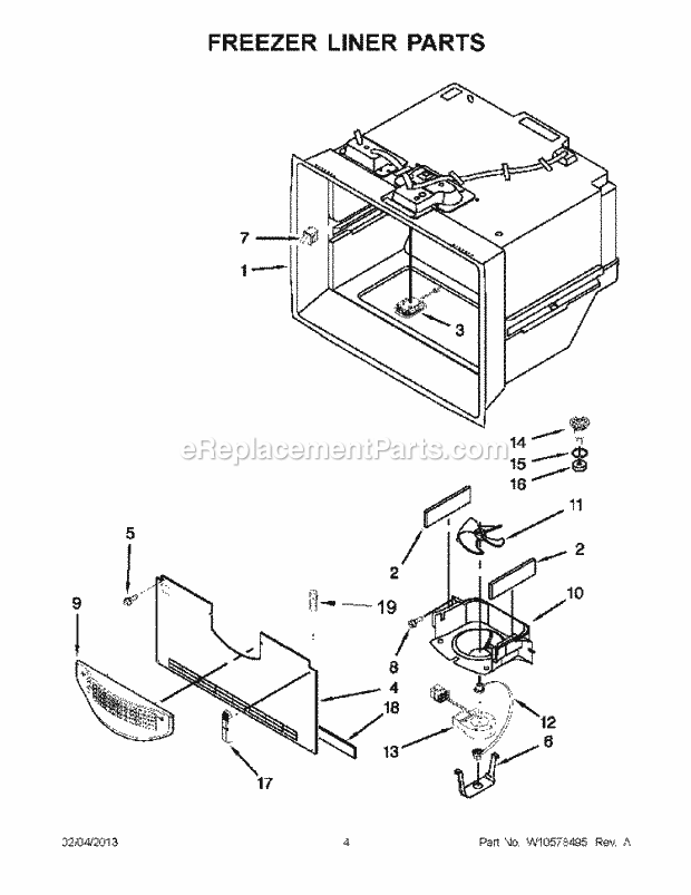 Freezer Liner Parts Diagram and Parts List for WRF736SDAB10  Whirlpool Refrigerator