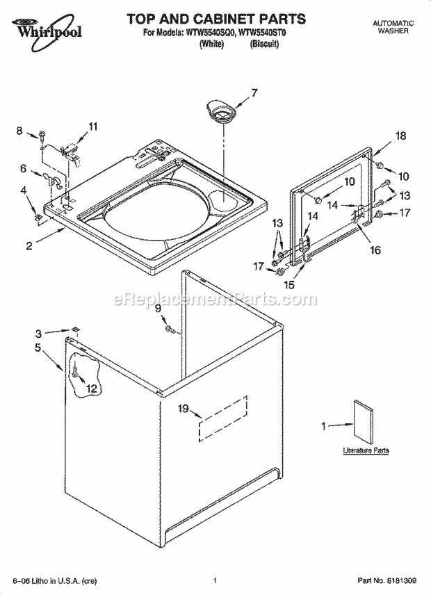 TOP AND CABINET PARTS Diagram and Parts List for WTW5540SQ0  Whirlpool Washer