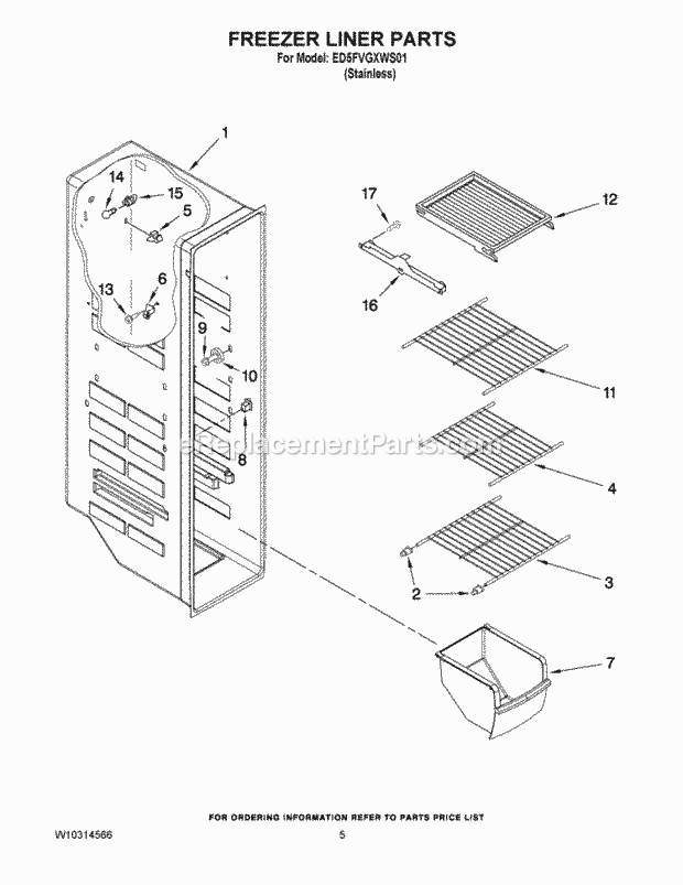Freezer Liner Parts Diagram and Parts List for ED5FVGXWS01  Whirlpool Refrigerator