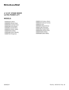 Cover Sheet Diagram and Parts List for KSM95PER0  KitchenAid Mixer