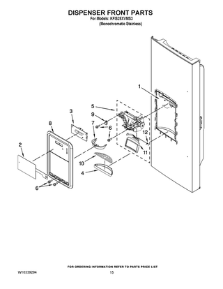 Dispenser Front Parts Diagram and Parts List for KFIS25XVMS3  Whirlpool Refrigerator
