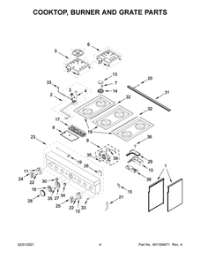 Cooktop, Burner And Grate Parts Diagram and Parts List for KFDC506JSS01  Whirlpool Range