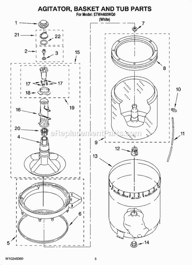 AGITATOR, BASKET AND TUB PARTS Diagram and Parts List for ETW4400WQ0  Estate Washer