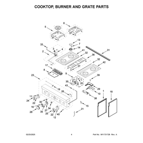Cooktop, Burner And Grate Parts Diagram and Parts List for KFDC500JMB03  KitchenAid Range