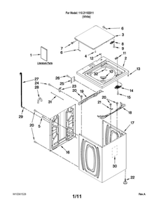 Top And Cabinet Parts Diagram and Parts List for 11021182011  Kenmore Washer