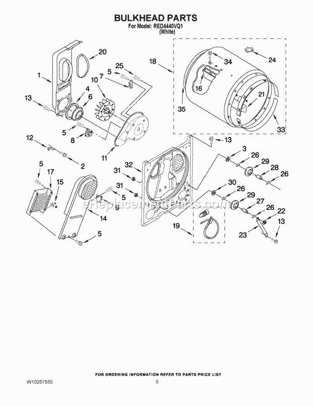 Bulkhead Parts Diagram and Parts List for RED4440VQ1  Roper Dryer