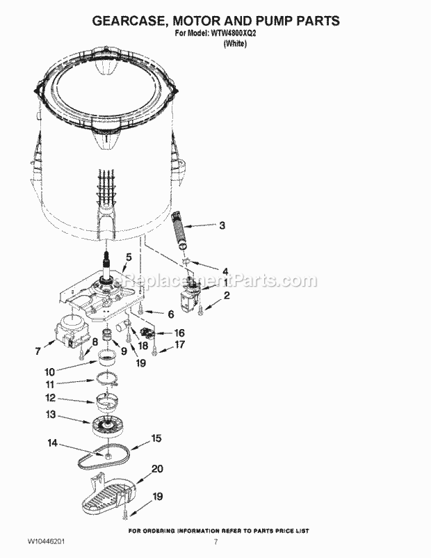 GEARCASE, MOTOR AND PUMP PARTS Diagram and Parts List for WTW4800XQ2  Whirlpool Washer