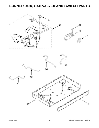 Burner Box, Gas Valves And Switch Parts Diagram and Parts List for WCG55US0HW00  Whirlpool Cooktop