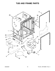 Tub And Frame Parts Diagram and Parts List for 66514815N613  Whirlpool Dishwasher