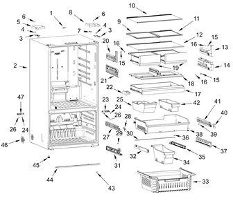 Cabinet And Shelf Parts Diagram and Parts List for WRFF3336SW00 WRFF3336SB00-WRFF3336SZ00 Whirlpool Refrigerator