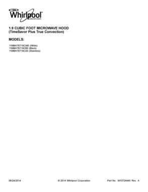 01 - COVER SHEET Diagram and Parts List for YWMH76719CW0  Whirlpool Microwave