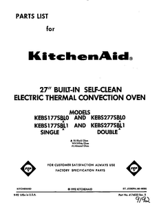 Front Cover Diagram and Parts List for KEBS177SBL1  KitchenAid Wall Oven