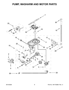 Pump, Washarm And Motor Parts Diagram and Parts List for KDTM604KBS3  KitchenAid Dishwasher