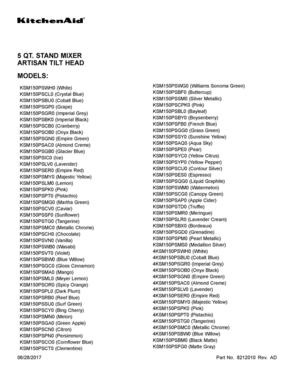 01 - COVER SHEET Diagram and Parts List for KSM150PSBV0  Whirlpool Mixer