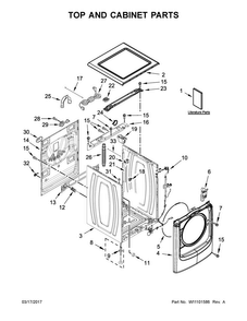 Top And Cabinet Parts Diagram and Parts List for 7MWFW75HEFW1  Whirlpool Washer