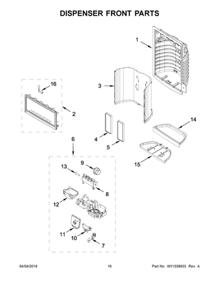 Dispenser Front Parts Diagram and Parts List for IX7DDEXGZ003  Whirlpool Refrigerator