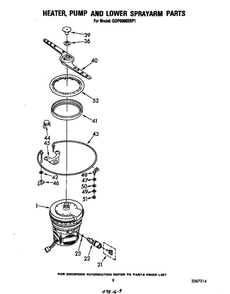 Heater, Pump And Lower Sprayarm Diagram and Parts List for GDP6000XRP1  Whirlpool Dishwasher