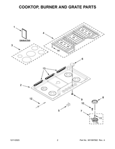 Cooktop, Burner And Grate Parts Diagram and Parts List for WCGK7030PS00  Whirlpool Cooktop