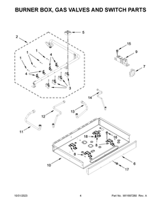 Burner Box, Gas Valves And Switch Parts Diagram and Parts List for WCGK3030PS00  Whirlpool Cooktop